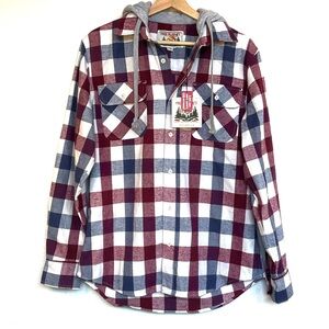 Free Planet Mens Medium Twill Plaid Hooded Button-Down Shirt Red White Blue NWT